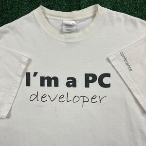 VIntage I'm a PC Developer Spellout‎ Quote Early Tech T-Shirt Men's L White Y2K